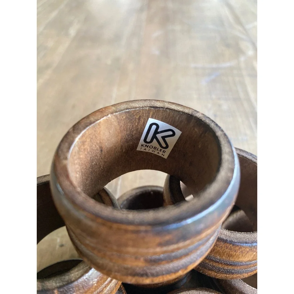 Vintage Knobler Taiwan Wood Napkin Rings Set of 7 Brown Double Groove MCM Rustic